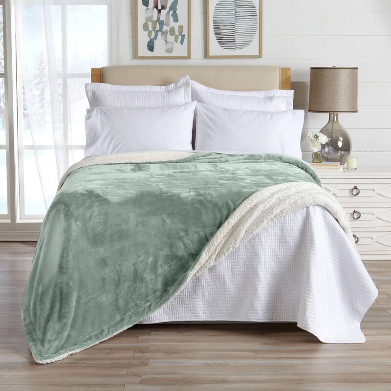 Luxurious Velvet Plush Fleece Reversible Sherpa Bed Blanket - King - Aqua Foam