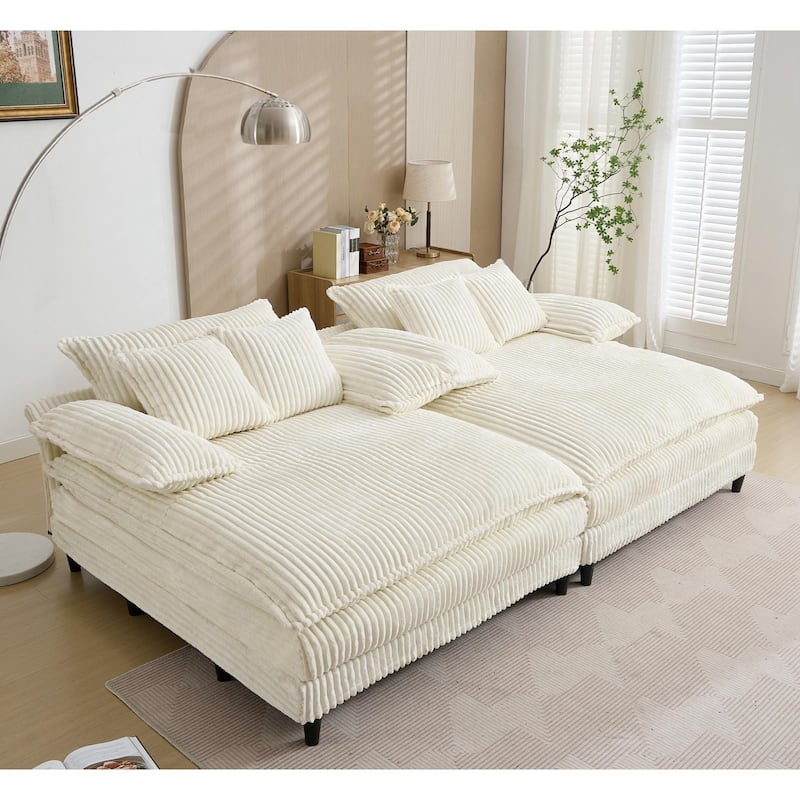 Oversized Double Lounge Chaise Reclining Sleeper Sectional Sofa Bed Corduroy Deep Seat Couch with 4-Gear Adjustable Backrest