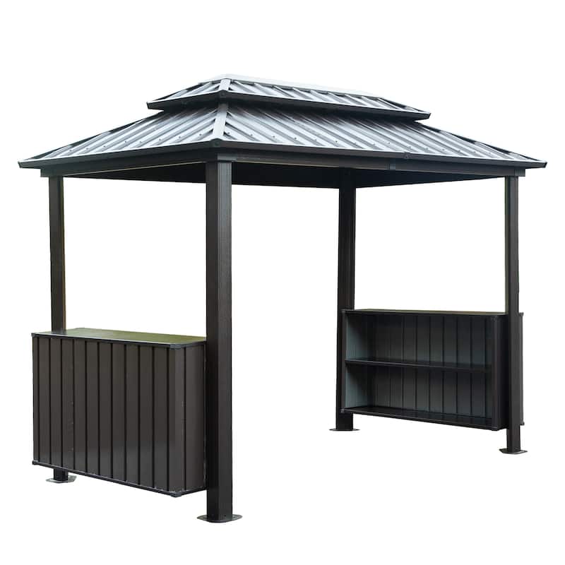 6x10FT Hardtop Grill Gazebo with Galvanized Steel Roof, Storage Cabinets & Ceiling Hooks for Outdoor BBQ - Grey