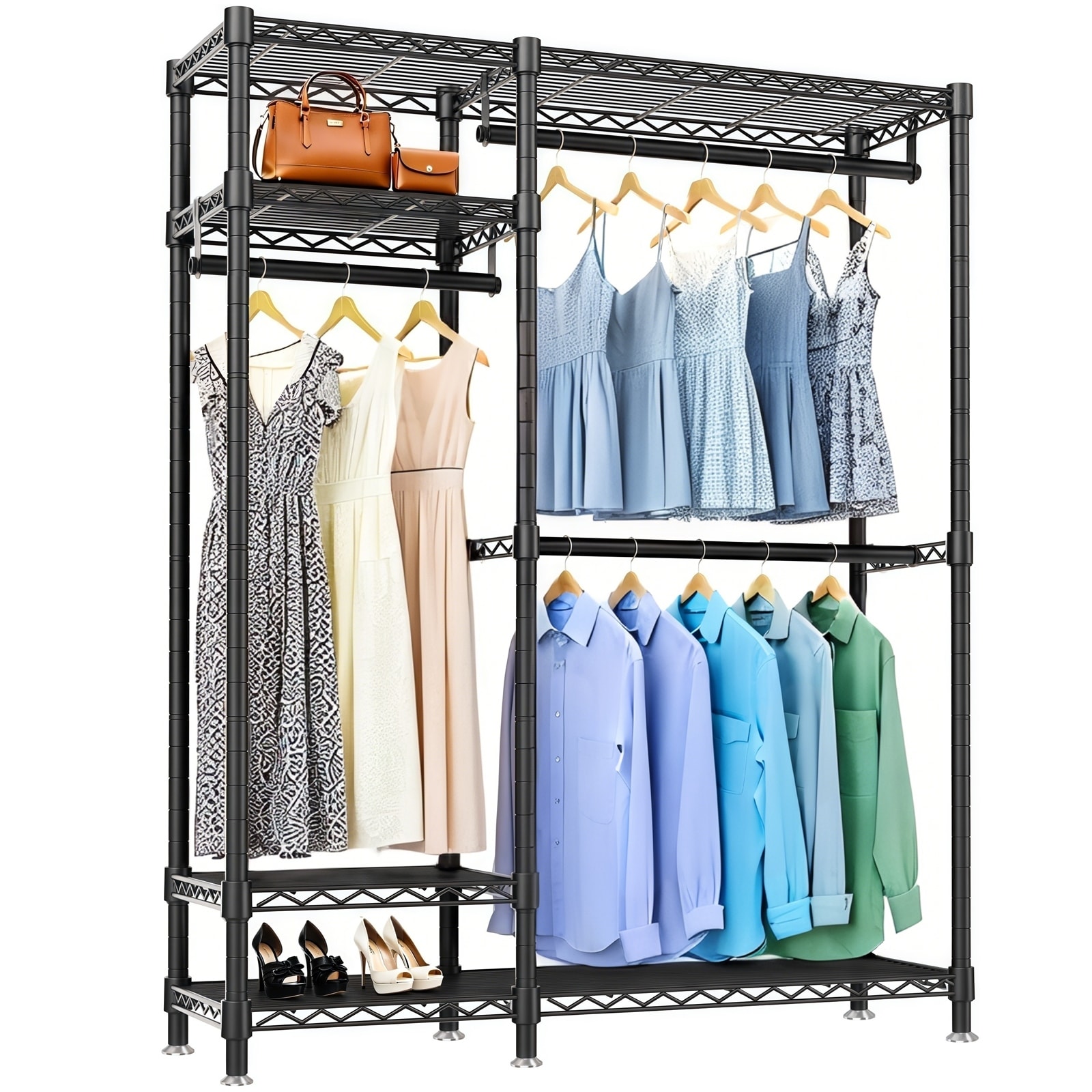 Freestanding Portable Metal Clothes Rack,Adjustable Wire Shelving Rack with 6 Adjustable Wire Shelves and 3 Clothes Rails