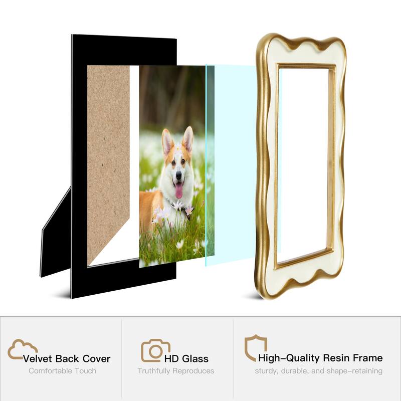 Glitzhome Set of 2 Vintage White Gold Wavy Resin 4x6 & 5x7 Tabletop or Wall Picture Frames