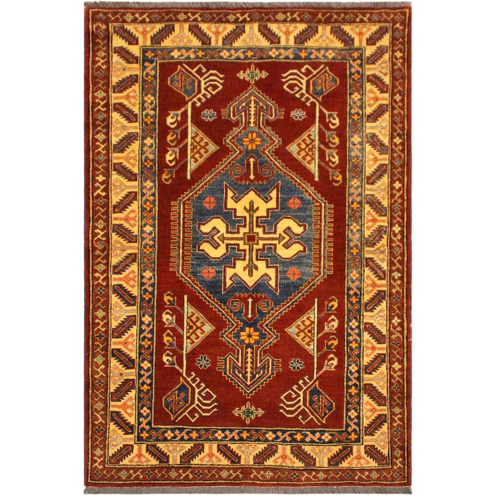 Caucasian Super Kazak Jaxon Rust/Tan Hand Knotted Wool Rug - 4'0'' x 5'5''