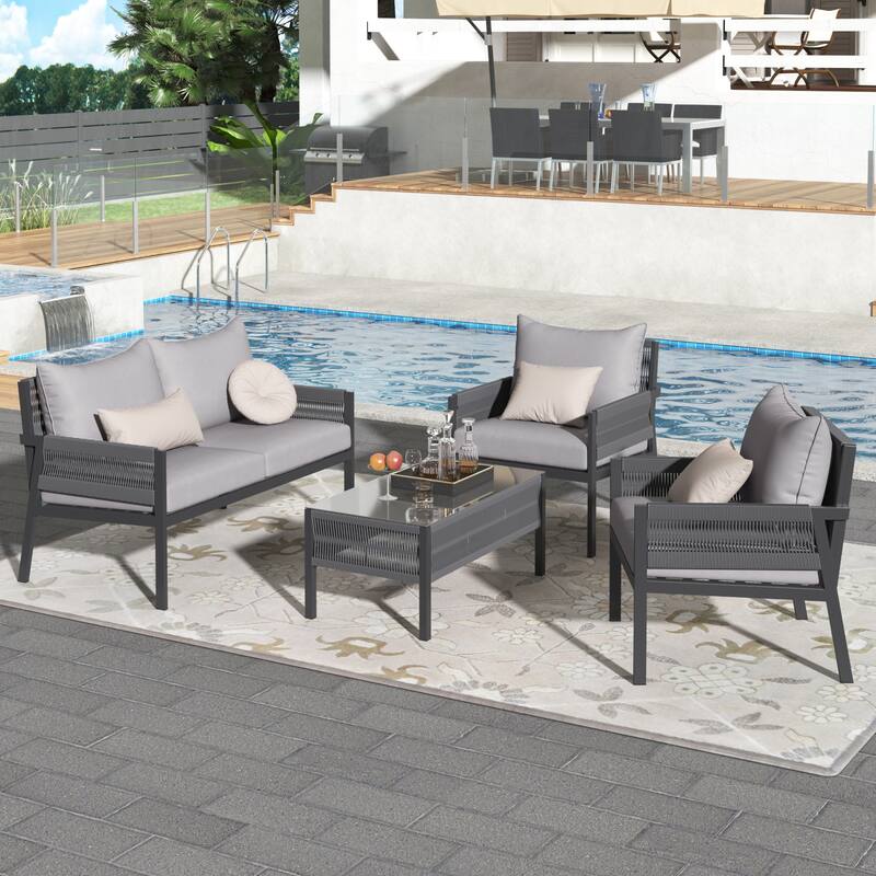 4-Piece Metal Rope Patio Conversation Set with Tempered Glass Table and Cushions