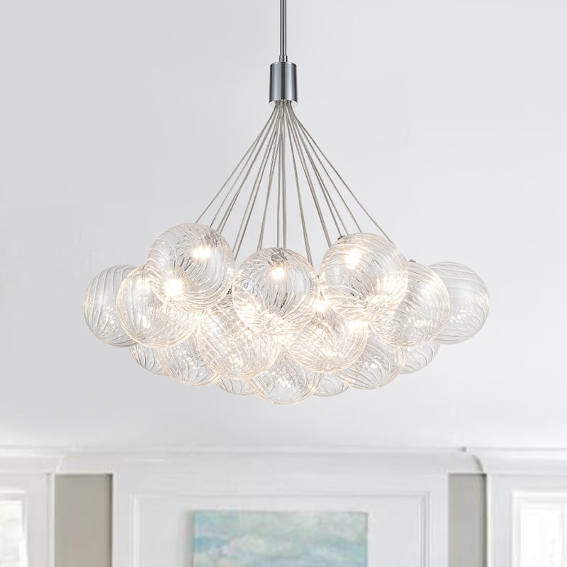 Chrome 19-Light Dimmable LED Ribbed Glass Bubble Chandelier