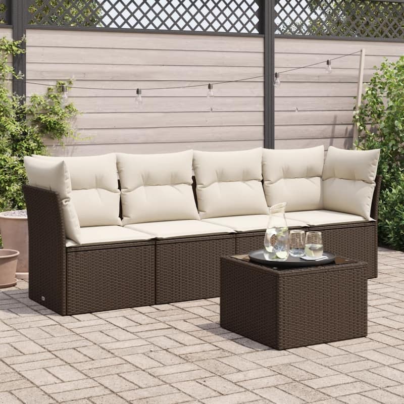 vidaXL Garden Sofa Set Brown Poly Rattan, Steel, Tempered Glass, Polyester - 21.7 x 21.7 x 14.6