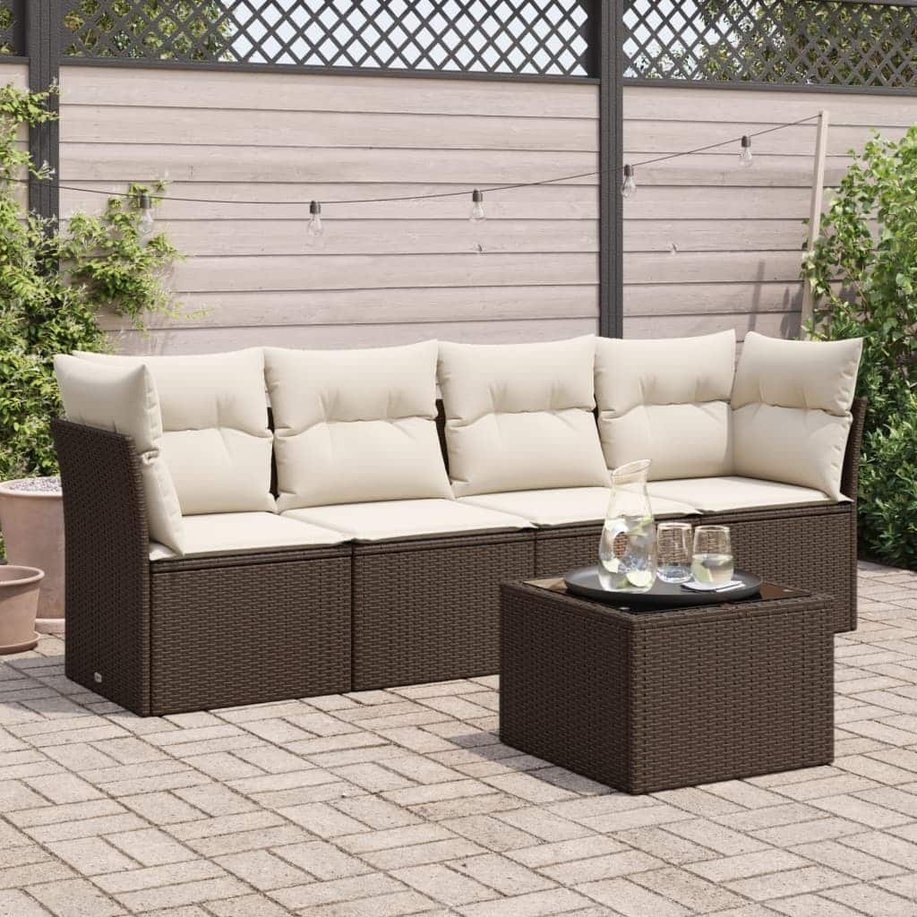vidaXL Garden Sofa Set Brown Poly Rattan, Steel, Tempered Glass, Polyester - 21.7 x 21.7 x 14.6