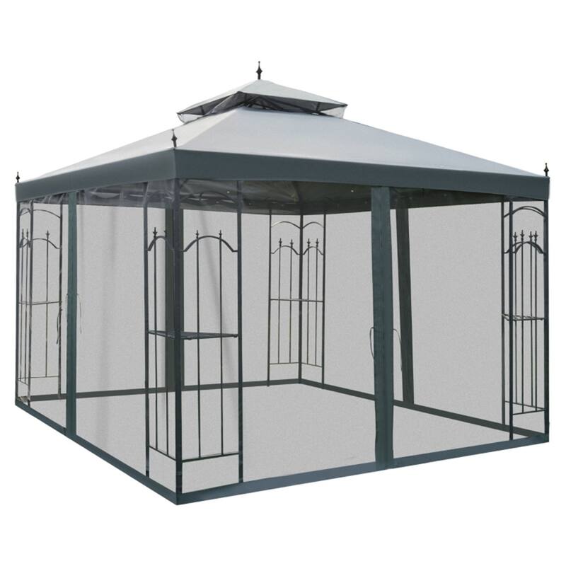 Polyester Steel Outdoor Gazebo with Shelves and Netting - Grey