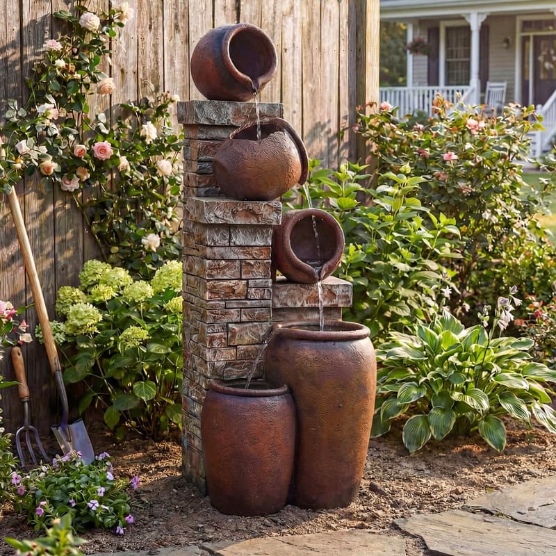 44.09" Glazed Terracotta Pots Polyresin Cascade Water Fountain Weather Resistant