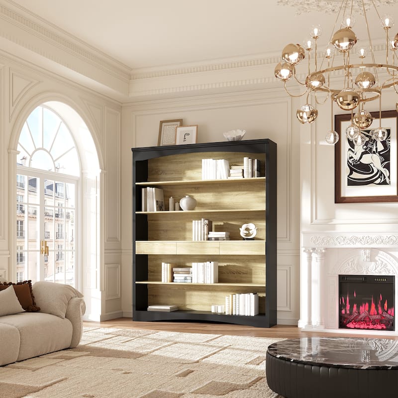 65" Tall Bookshelf with Drawers, Extra-Wide Storage Shelf Unit, Adjustable Wood Bookcase, Modern Display Cabinet