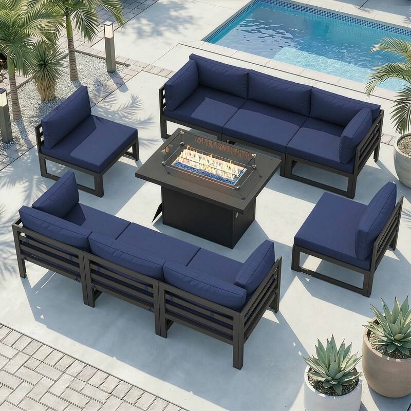 9-Piece Aluminum Outdoor Furniture Set With Fire Pit Table Propane/Natural Gas 60,000 BTU, Extra Large Aluminum Patio Sectional - Gray Frame - Navy Blue