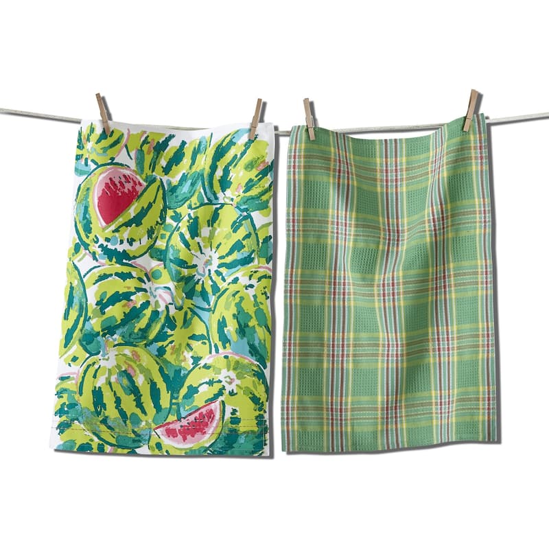 Watermelon Kitchen Towel Set of 2 - Spring/Summer Cotton Dish Towels, Green Multi, Machine Washable, 26" x 18"