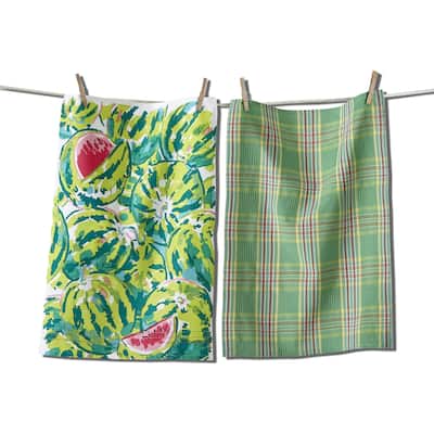 Watermelon Kitchen Towel Set of 2 - Spring/Summer Cotton Dish Towels, Green Multi, Machine Washable, 26" x 18"