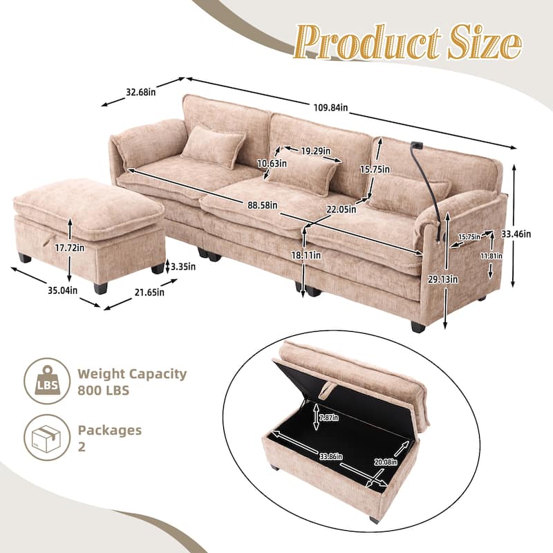 HOMEFUN Chenille Upholstered L-shaped Phone Holder Modular Sectional Sleeper Sofa with Movable Storage Ottoman