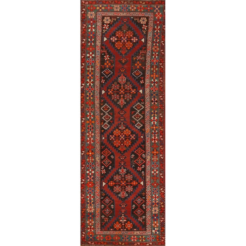 Hand Knotted Oriental 100% Wool Carpet Traditional Tribal Brown Kazak Runner Rug - 12' 6'' X 3' 4''