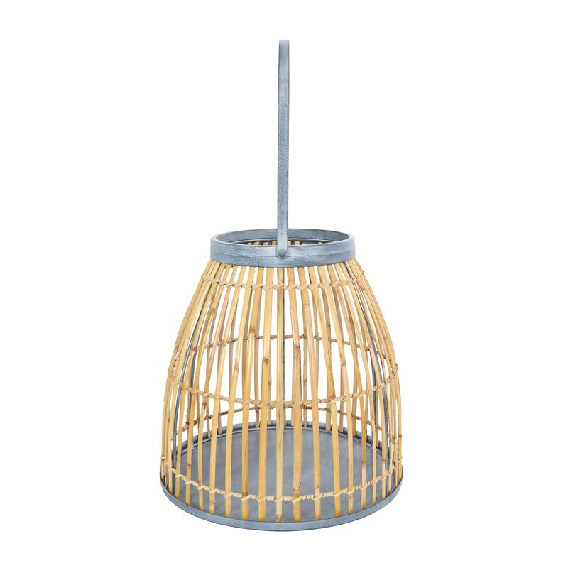 Brown Bamboo Wood Handmade Woven Open Framed Caged Style Indoor Outdoor Candle Lantern with Blue Metal Accents and Handle