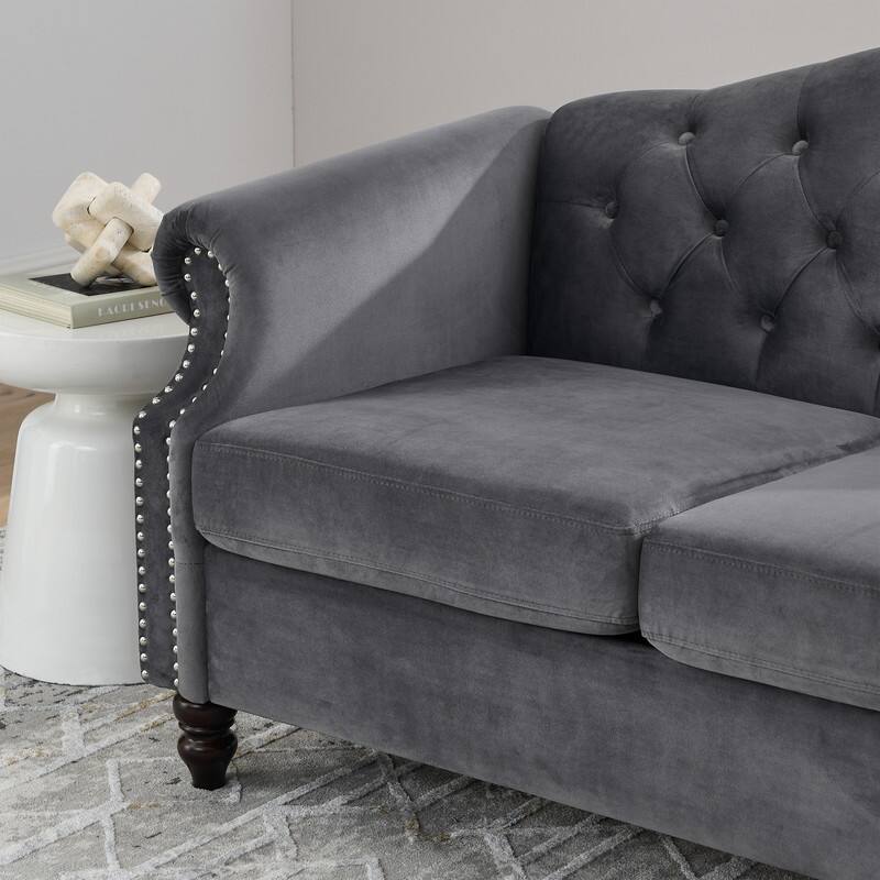 Chesterfield Sofa Velvet for Living Room, 2 Seater Sofa Tufted Couch with Rolled Arms and Nailhead, two pillows 