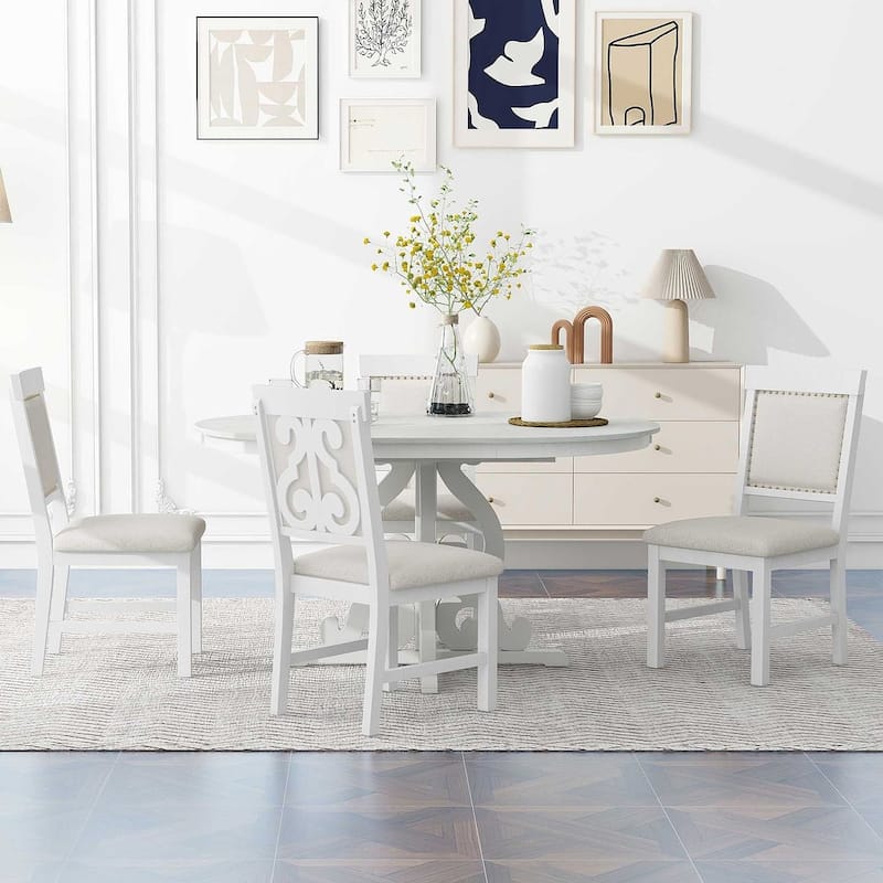 58" Traditional Extendable Dining Table Set with 4 Upholstered Chairs - White