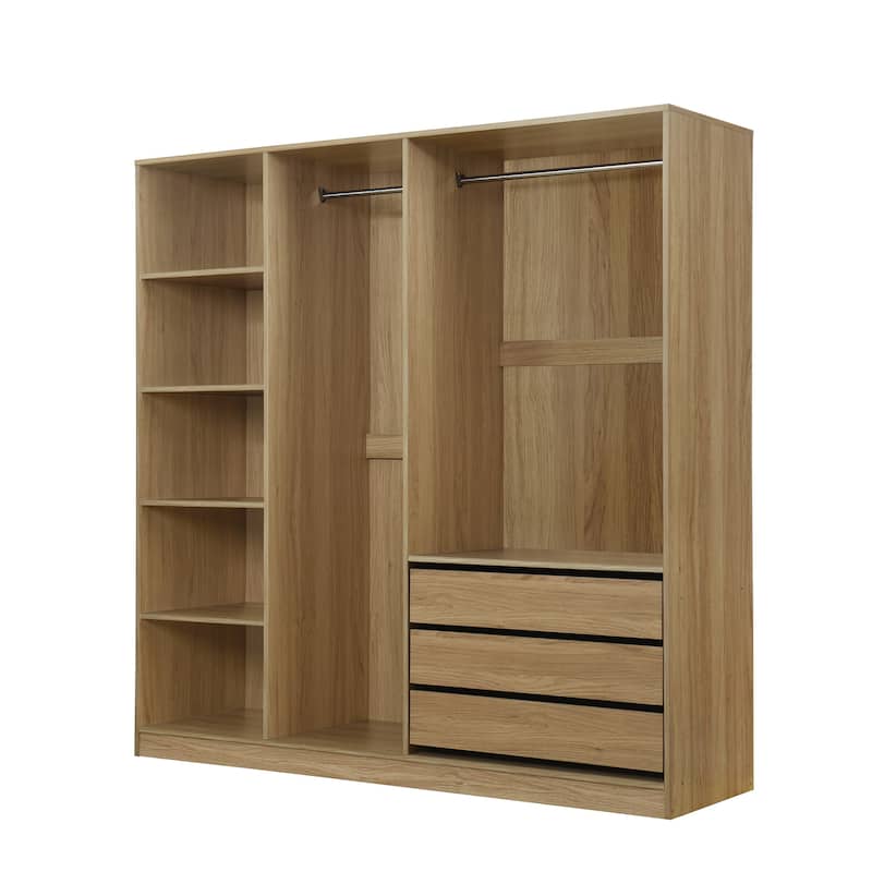 Natural Doorless Wooden Storage Wardrobe with Drawers, Clothing Storage Cabinet Organizer with Open Shelves