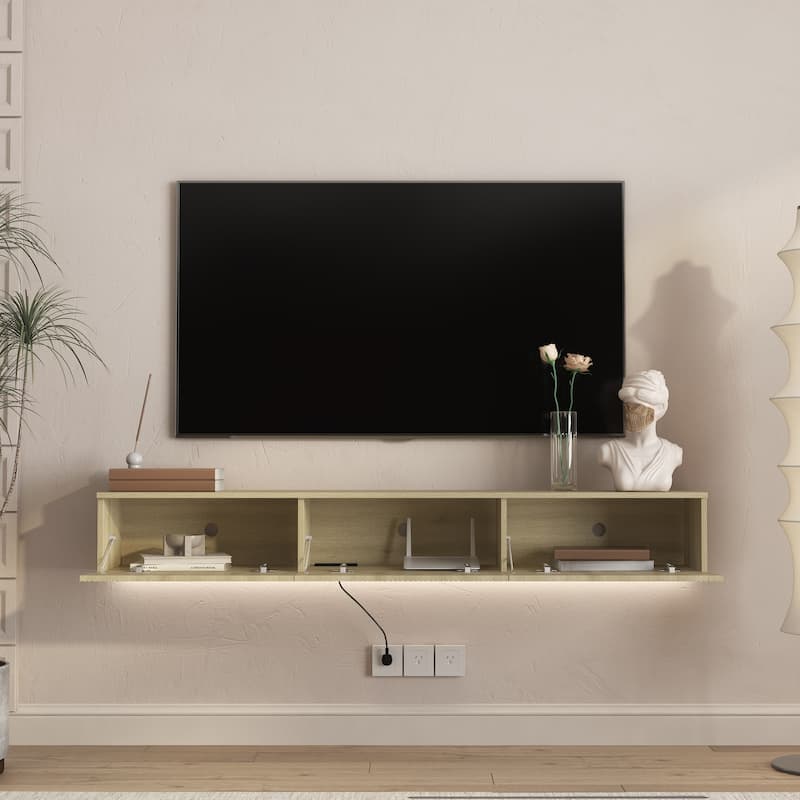 Floating TV Stand with 16-Color LEDs, Wall-Mounted Entertainment Cabinet for 55-65" TVs
