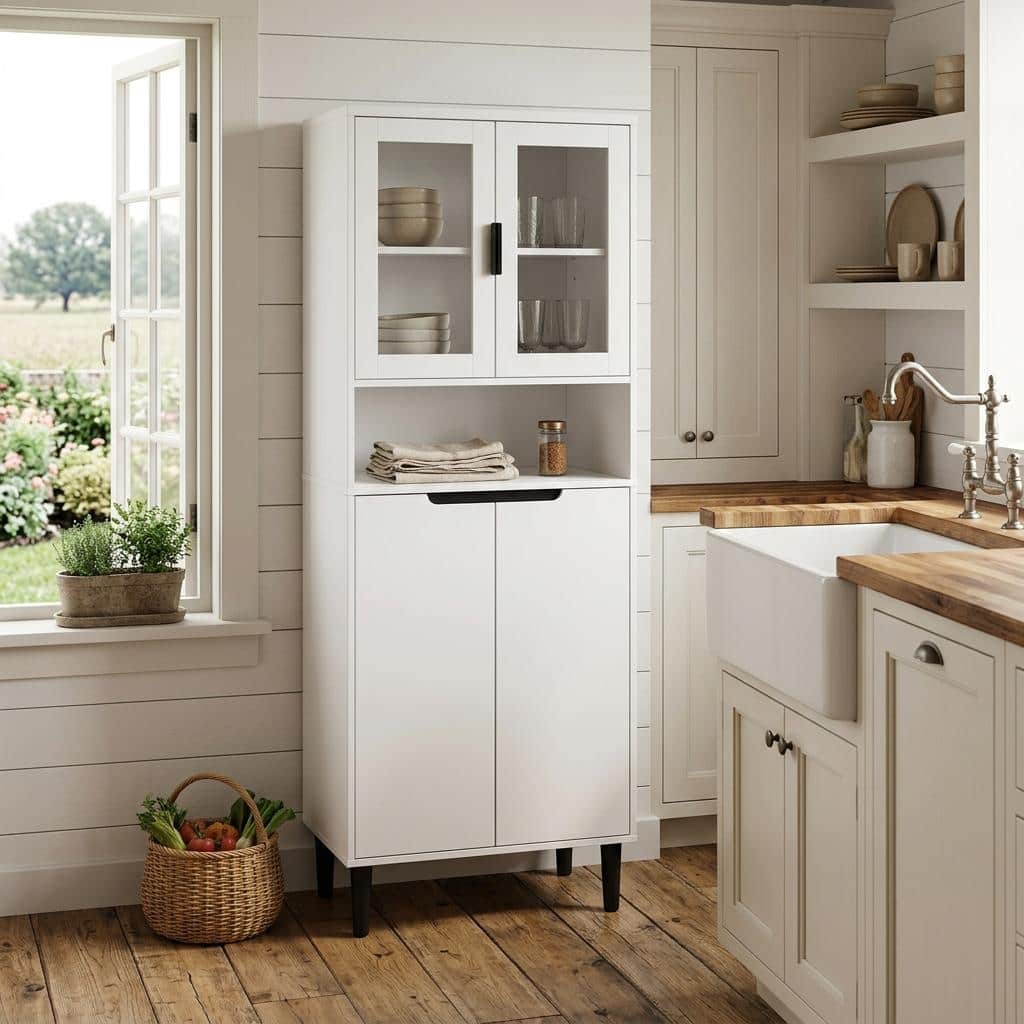 Anmytek White 4-Door Tall Storage Cabinet, Tempered Glass Doors, Adjustable Shelves, MDF Bookcase for Living Room Bedroom