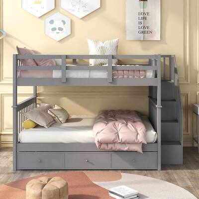 Full-Over-Full Bunk Bed with Storage Stairway & 3 Drawers, Soild Wood Bunk Bed Frame w/Full-Length Guardrail & Detachable Design