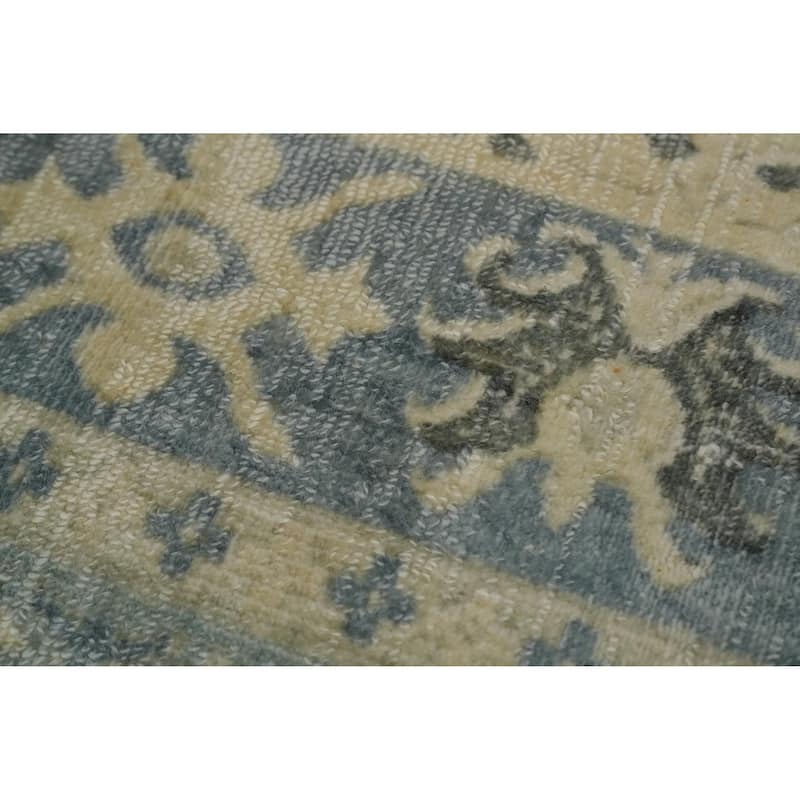 Hand-knotted Transitional Silk Carpet Blue Oushak Rug Geometric Oriental Area Rug - 9' 10'' X 6' 6''