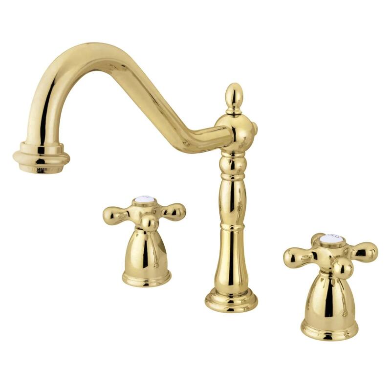 Kingston Brass Heritage Widespread Kitchen Faucet with Metal Cross - Polished Brass