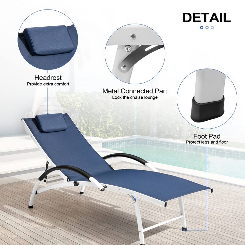 3-piece Outdoor Adjustable Aluminum Reclining Chaise Lounge Chairs with Wheels and Side Table Set