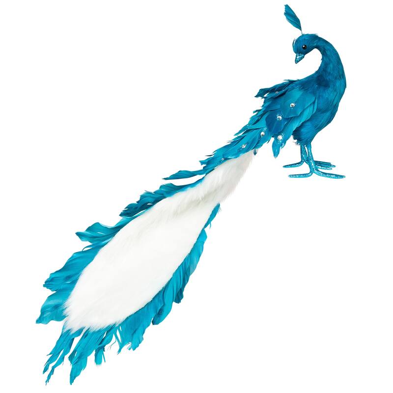 Peacock Glittered with Faux Crystals Christmas Decoration - 24" - Blue
