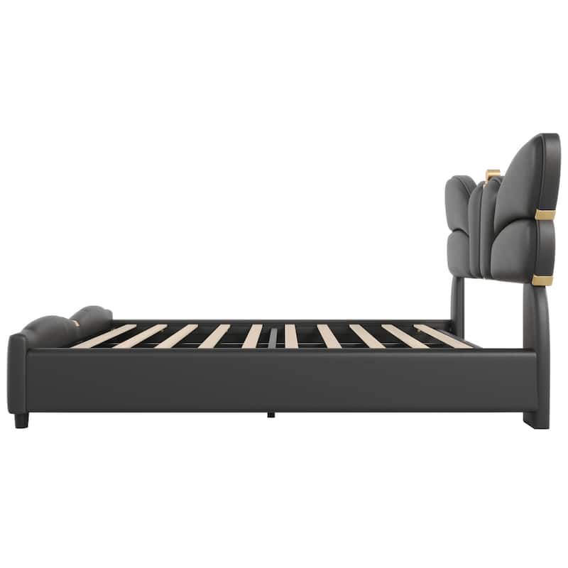 Full Size Upholstered Bed Frame, with Butterfly Shaped Headboard and Footboard, Platform Bed Frame with Gold Metal decorations
