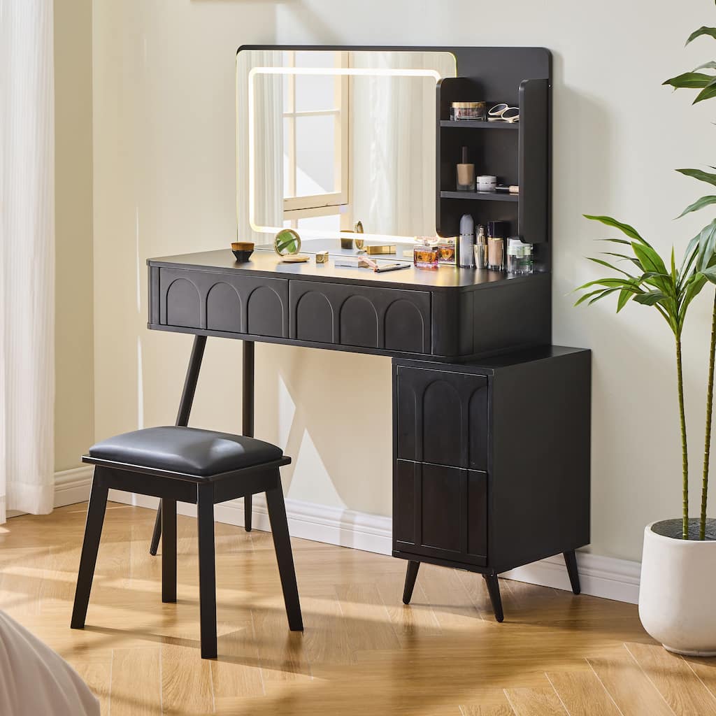 Modern Makeup Vanity Desk with LED Lights & Mirror, 4 Drawer Dressing Table Set with Stool, 3 Colors Dimmable Brightness