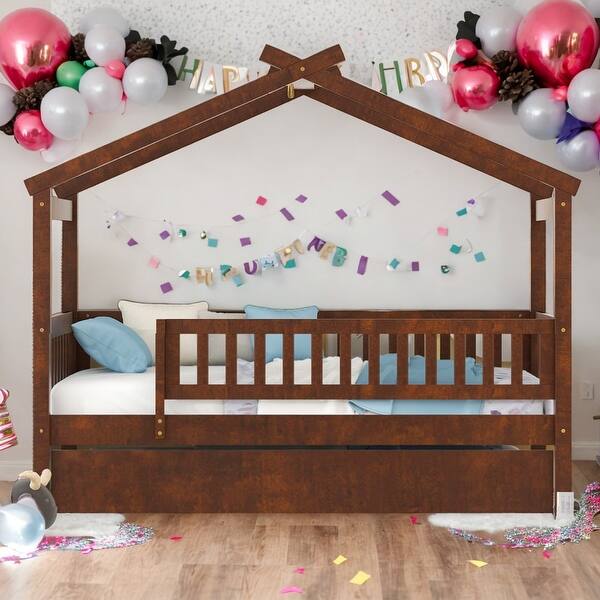 slide 2 of 12, Twin Size Wooden House Bed Platform Bed With Twin Size Trundle,Solid Construction For Bedroom