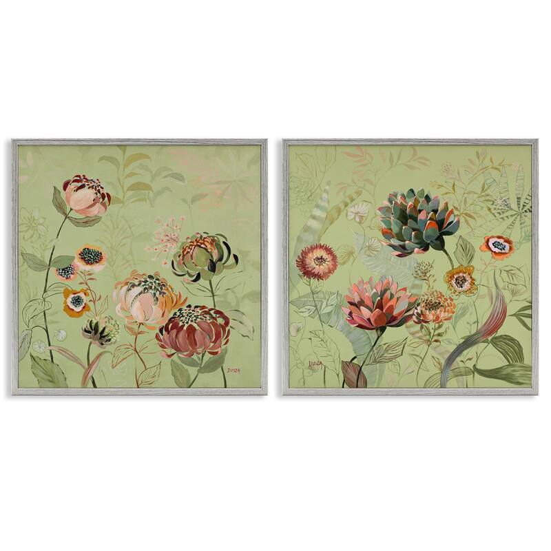 Stupell Chrysanthemums on Olive Green Framed Giclee Art Design By Dusza (Set of 2) - 24 x 24 - Grey