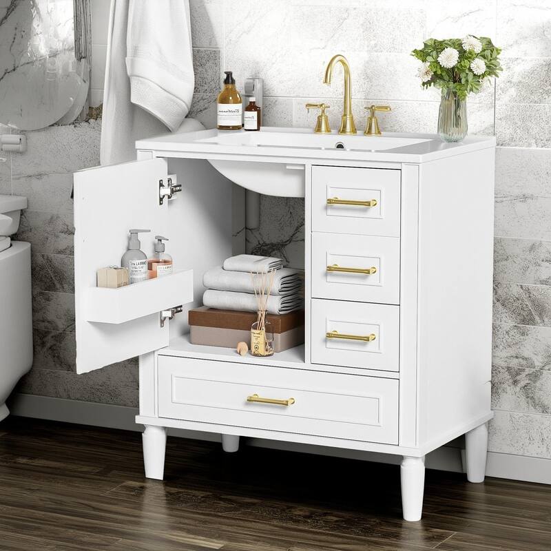 30" Ceramic Sink Bathroom Vanity with Gold Handles, Soft-Close Storage & Space-Saving Design