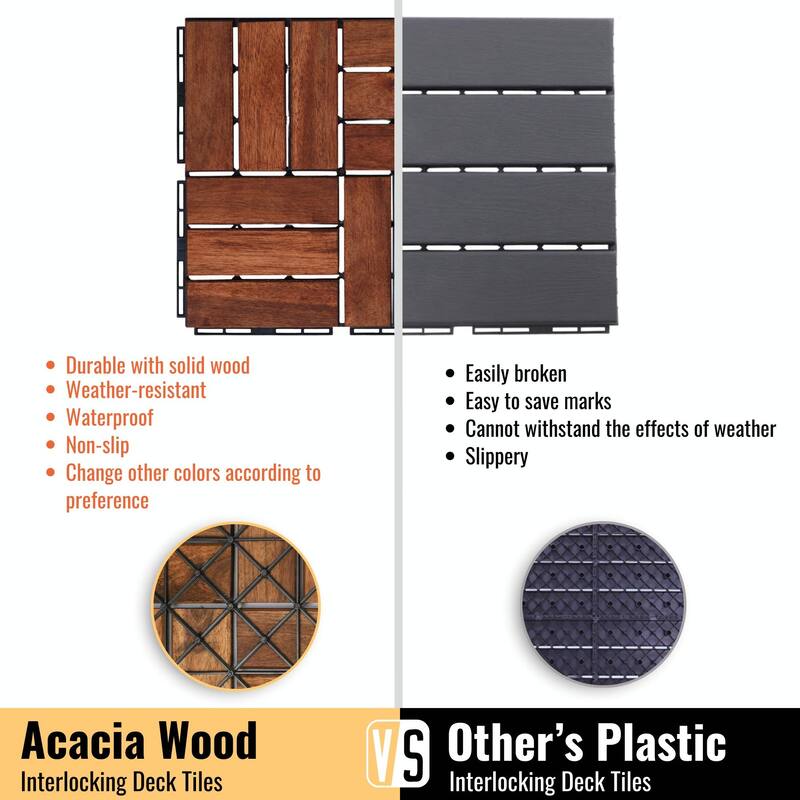 12" x 12" Square Acacia Hardwood Outdoor Flooring for Patio, Balcony, Poolside