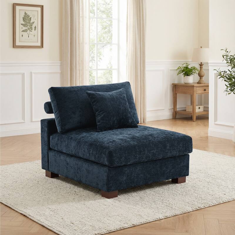 Plush Chenille Single Modular Sectional Sofa Chaise with Pillows - Blue-Armless - Symmetrical