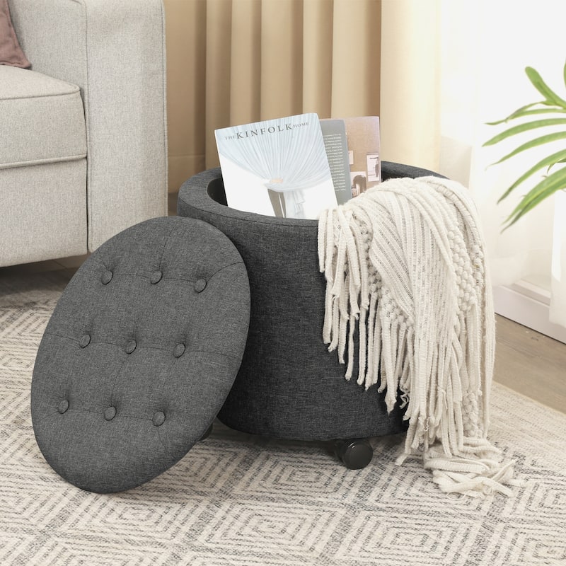 Adeco 17" Faux Leather Round Storage Ottoman with Tufted