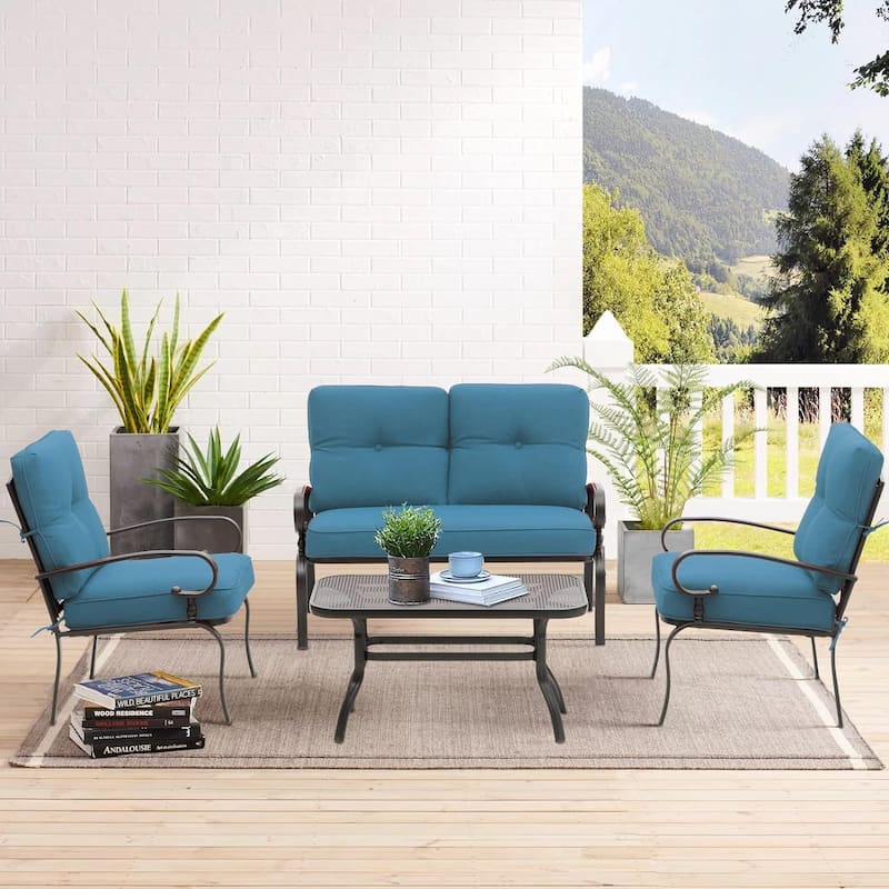 4-Piece Metal Outdoor Patio Loveseat Conversation Set - Blue