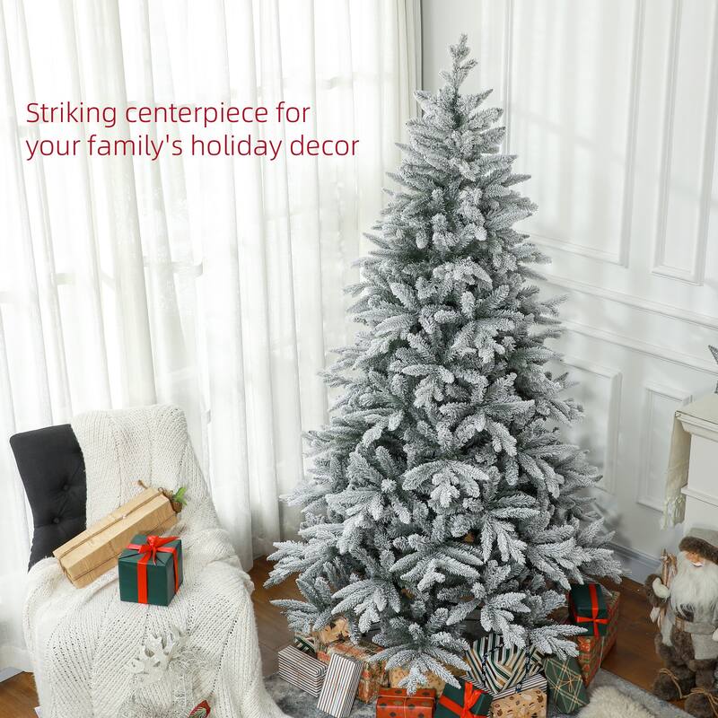 Holiday Decor 7ft Realistic Snow-Flocked Christmas Tree with Foldable Metal Stand, Hinged Xmas Tree for Home, Office, Holiday