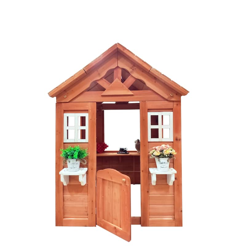 All Wooden Kids Playhouse with 2 windows and flowerpot holder,42"Lx46"Wx55"H,Golden Red