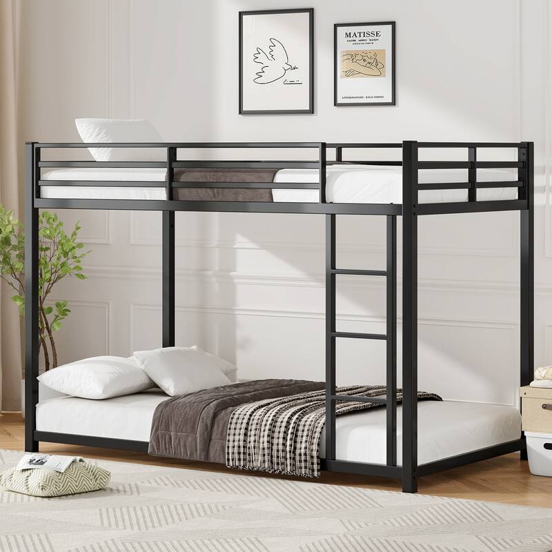 Low Bunk Bed Twin Over Twin Metal Bed Frame with Ladder and Guardrails