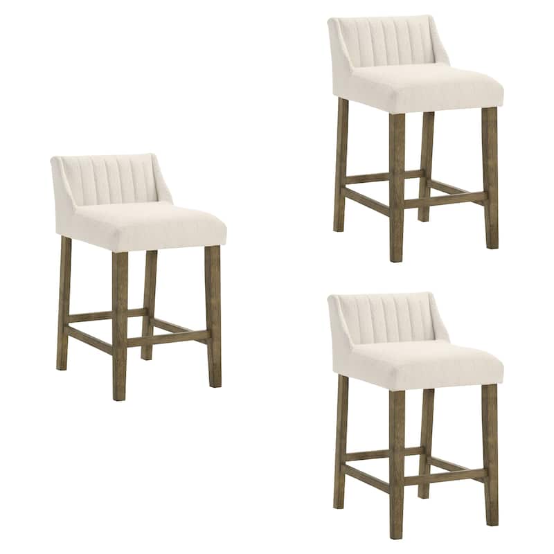 Fauna Low-Back Boucle Bar Stool, Upholstered Counter Height Kitchen Barstool with Wood Legs - Set of 3 - Putty Brown - Counter Height