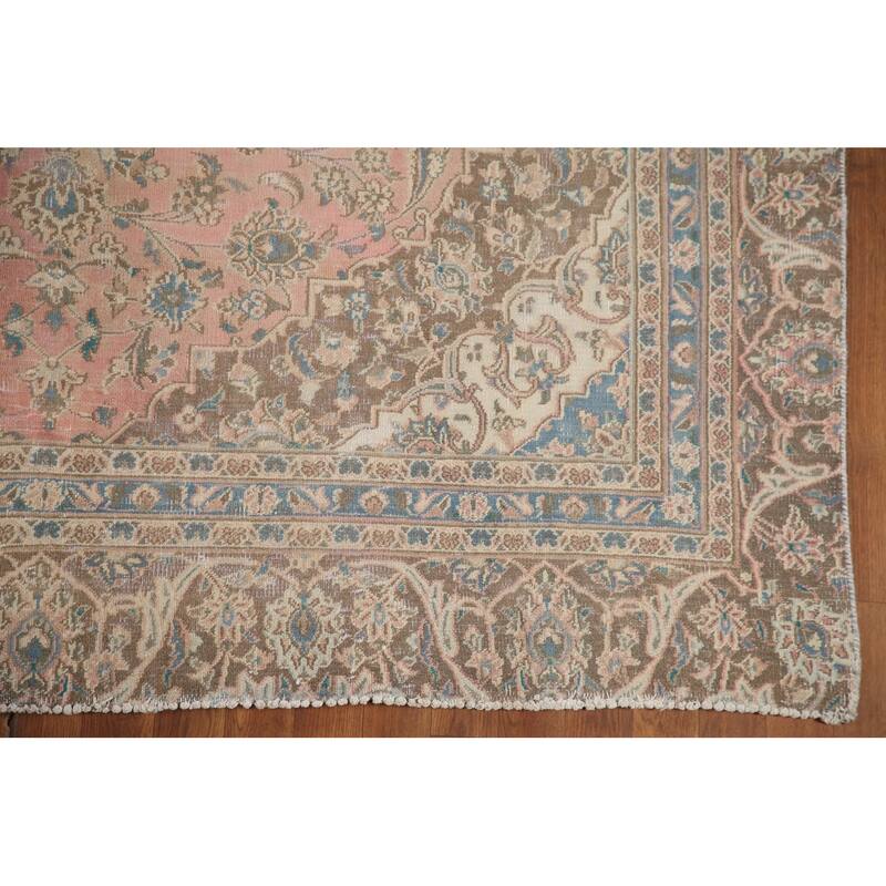 Hand Knotted Oriental 100% Wool Carpet Traditional Floral Pink Mashad Area Rug - 9' 8'' X 6' 7''