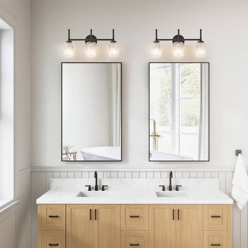 KAWOTI 22"Wide 3-Light Bathroom Vanity Light with Ribbed Glass Shade