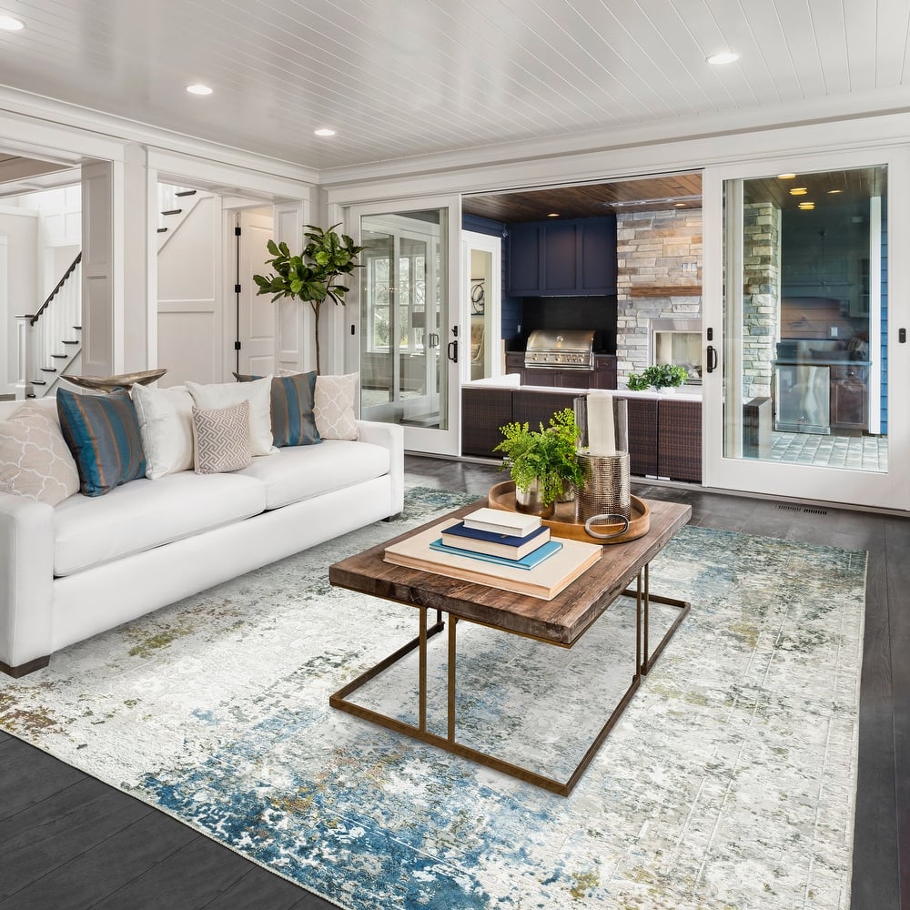 Vista Home Marissa Washable Faded Oriental Ivory/ Blue Indoor Area Rug