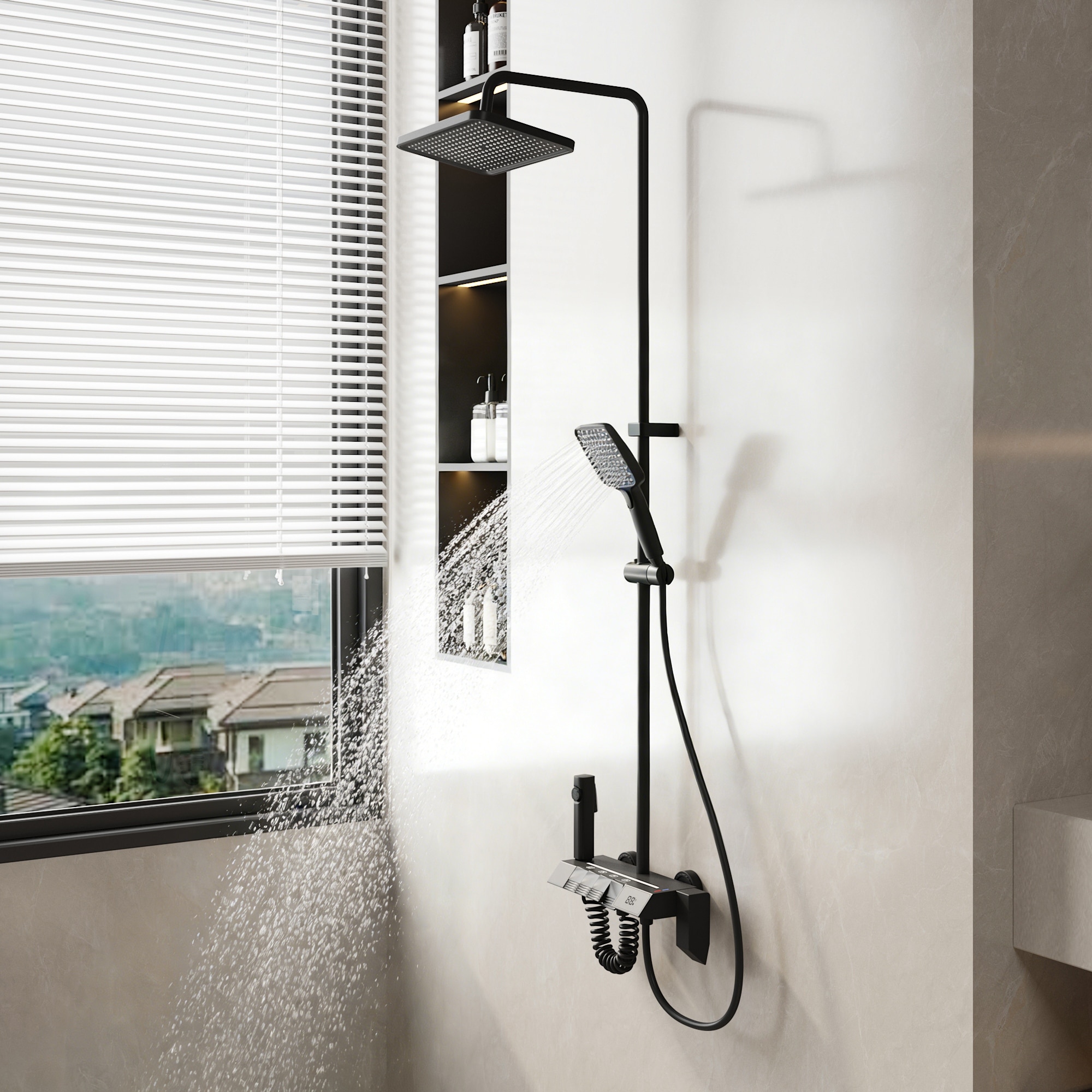 Shower Tower Panel with LED Temperature Display (°F), 4-Function Water Outlet, Rainfall ABS Shower Head & 3-Setting Handheld