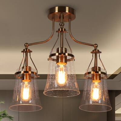 Haye Modern Brass Gold LED 3-Light Semi-Flush Mount Ceiling Lights Glass Chandelier - Electroplating Gold - 19"Dx15"H