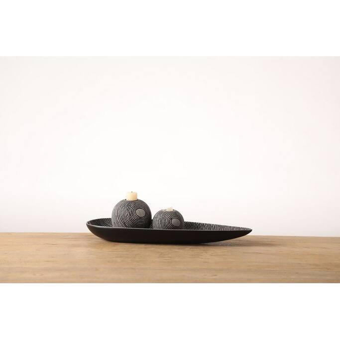 3pc Black Polyresin Modern Candle Holder and Tray Set