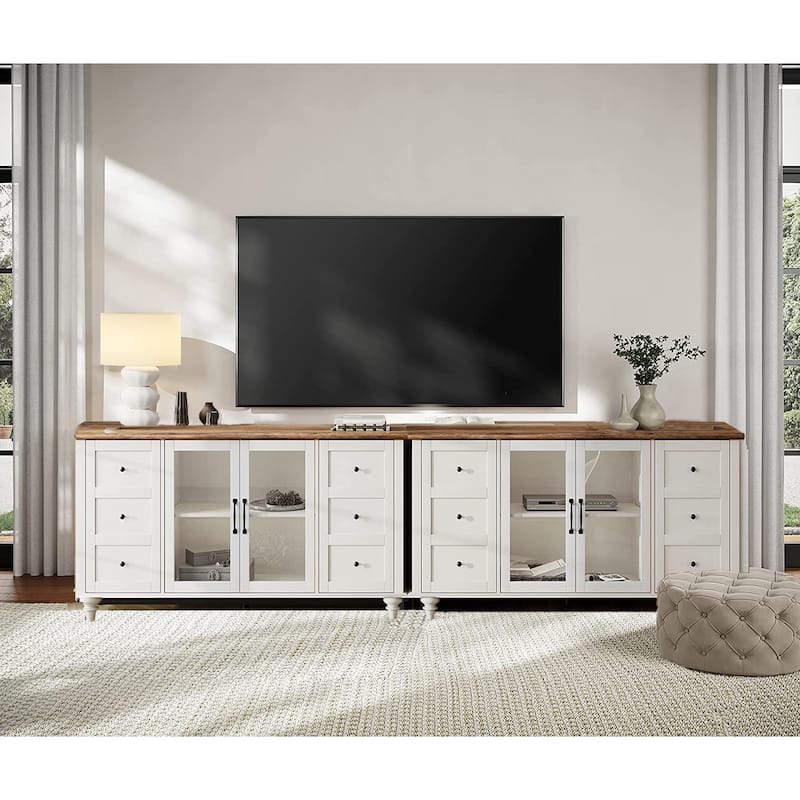 WAMPAT Farmhouse 2 in 1 TV Stand with Glass Door for up to 110" TVs, Modern Entertainment Center with LED Light - 116''