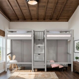 Impression & Beautiful Double Twin Loft Beds with Wardrobes and Staircase, Sturdy construction & Playhouse Inspired, Grey